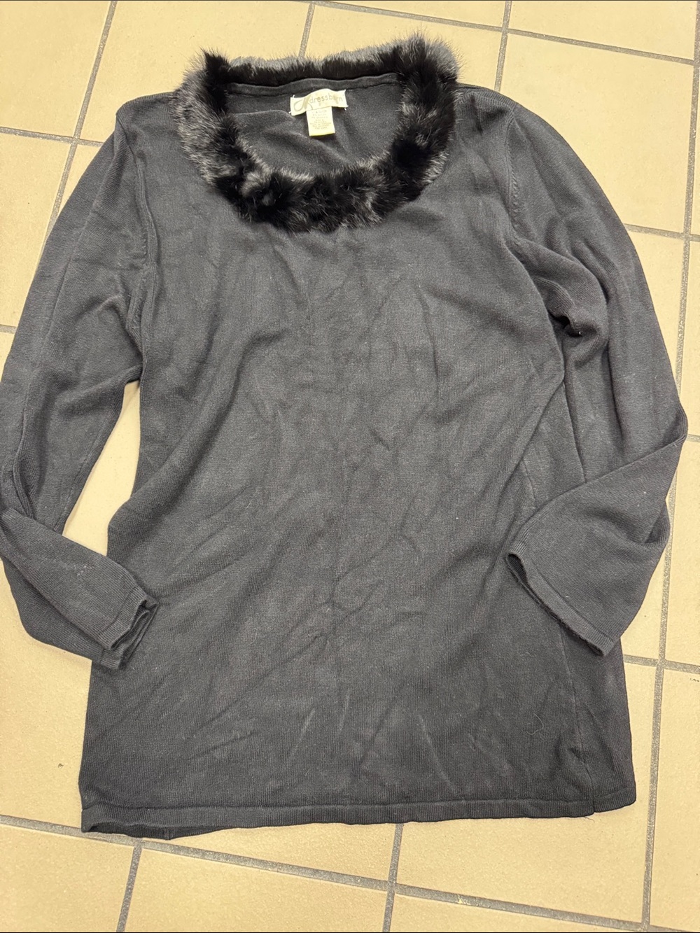 Dress Barn Black Crewneck Sweater with Faux Fur Trim
